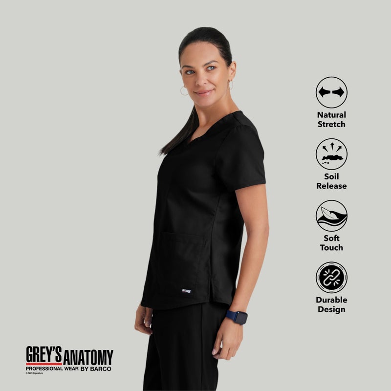 Barco Grey's Anatomy Women's Two Pocket V-Neck Scrub Top with Shirring Back, Black, Small - Image 3